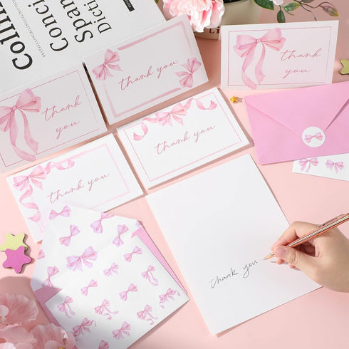 52 Pack Set 4x6inch Thank You Cards with Envelopes Pink Bow Thank You Cards Bulk Assortment Greeting Gift Watercolor