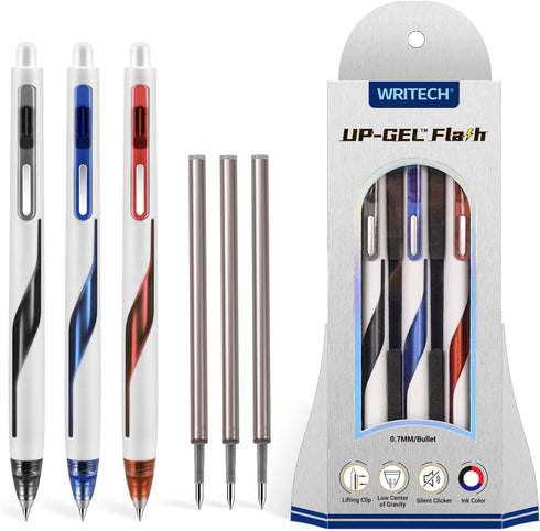 WRITECH Retractable Gel Ink Pens, 0.7mm Medium Point, Multicolor with Refills, No Smear Silent Click, 3ct