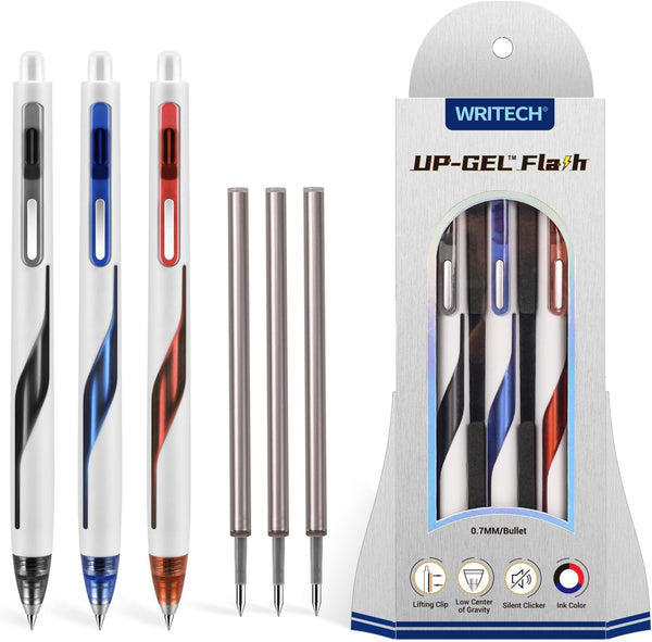 WRITECH Retractable Gel Ink Pens, 0.7mm Medium Point, Multicolor with Refills, No Smear Silent Click, 3ct