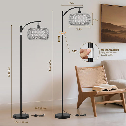 9W Bulb, Rattan Floor Lamps for Living Room, Boho Standing Lamps with Grey Rattan& Linen Double Shades, Arc Lamps Floor