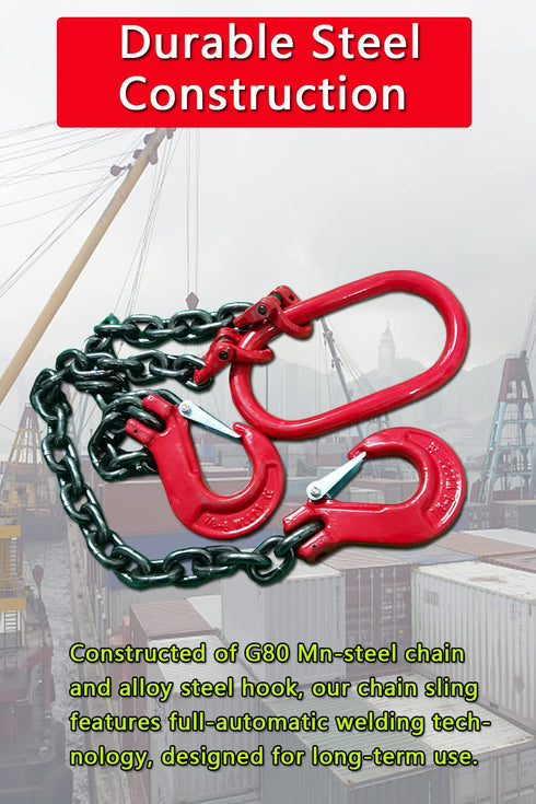 Chain Sling 2/5 Inch X 5 Ft, 4410lb Double Leg with Sling Hooks, Grade 80 Alloy Steel Engine Chain Hoist Lifts