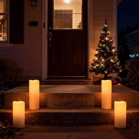 (4"x8" 4"x10" Set 2) Solar Candles Outdoor Waterproof, Outdoor Candles with Sensor Timer Waterproof Flameless Candles