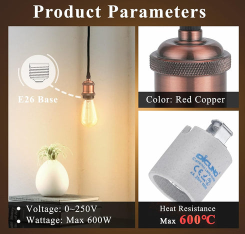 DiCUNO E26 Edison Vintage Lamp Socket, Retro Pendant Lamp Holder, Antique Look for Industrial DIY Lighting
