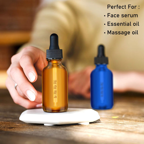 Glass Dropper Bottles, 2 oz Amber and Blue Bottles for Essential Oils with Funnel, Labels & Pipette, 2 Pack