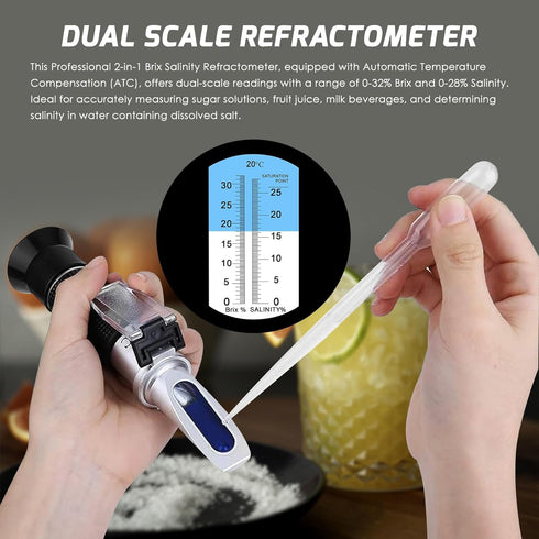 2-in-1 Brix Salinity Refractometer with ATC, Dual Scale 0-32% Brix & 0-28% Salinity for Food and Liquid