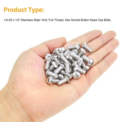 60 Pieces 1/4-20 x 1/2" Hex Button Head Socket Cap Bolts, Stainless Steel 18-8 (304), Full Thread