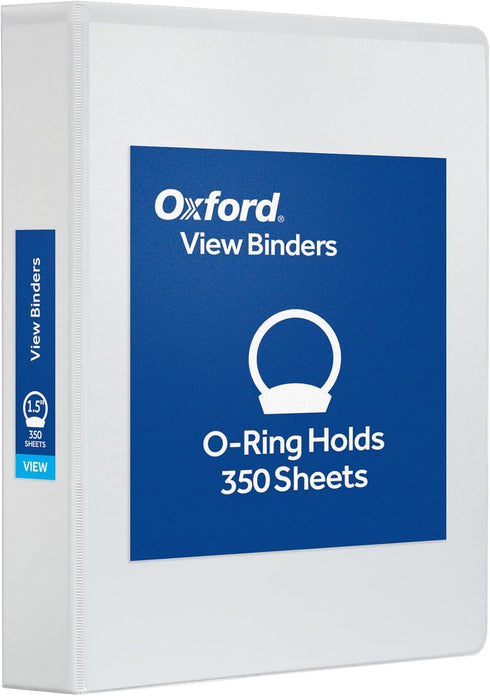 Oxford 1.5" Round Ring Binders, View Binder, XtraLife Hinge, Non-Stick, PVC-Free, White, 350 Sheet Capacity