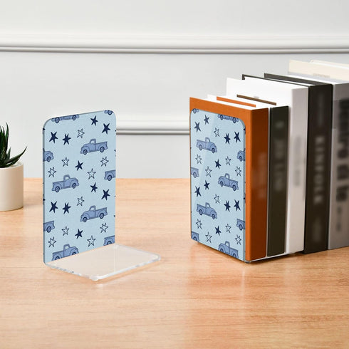 J JOYSAY Trucks Stars Blue Pattern Acrylic Bookends L Shaped Decorative Book Holders Stopper with Non Slip Pads
