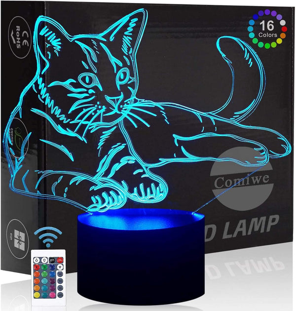 Comiwe Cat (A) 3D Illusion Night Light Toys,16 Colors Change Smart Touch &