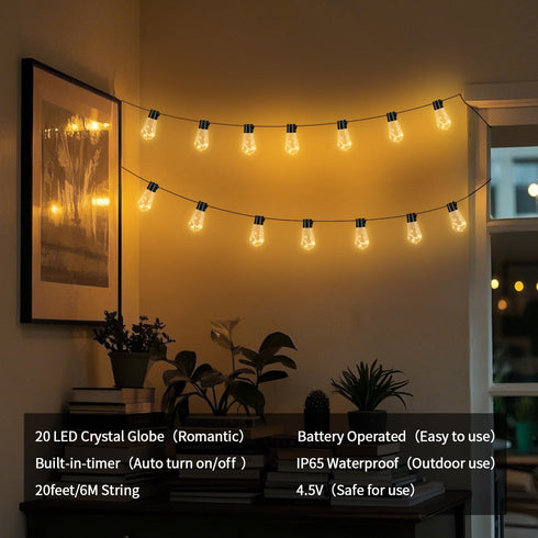 20 Bulb 14FT 100 Bulbs Hanging Battery Operated String Lights, LED Vintage Battery Outdoor Lights, Waterproof Indoor