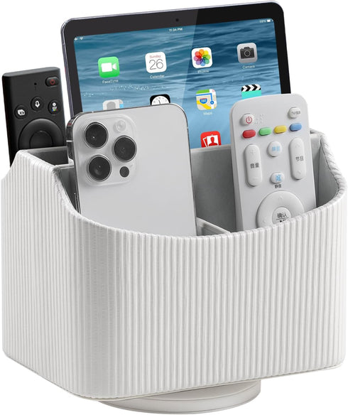 PU Leather Remote Control Holder, 360 Degree Rotating Organizer for Desk, Spinning Nightstand Caddy - White