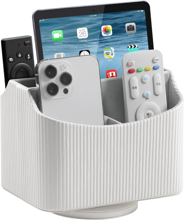 PU Leather Remote Control Holder, 360 Degree Rotating Organizer for Desk, Spinning Nightstand Caddy - White