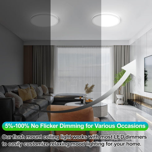 12 Inch 3200LM Dimmable 2-Pack 24W 2700K/3000K/4000K/5000K/6500K 5 LED Flush Mount Ceiling Lights, Ceiling Light
