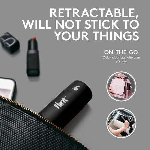 Flint Classic Black Retractable Mini Lint Roller - 30 Extra Sticky Sheets, Portable Pet Hair Remover, Travel Lint