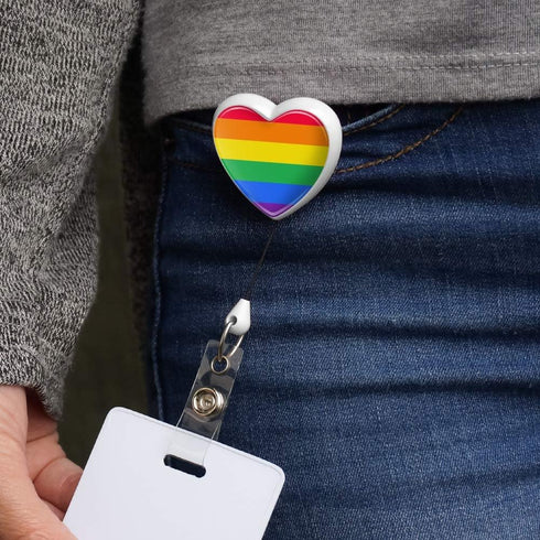Rainbow Pride Gay Lesbian Heart Lanyard, Retractable Reel Badge ID Card Holder - White