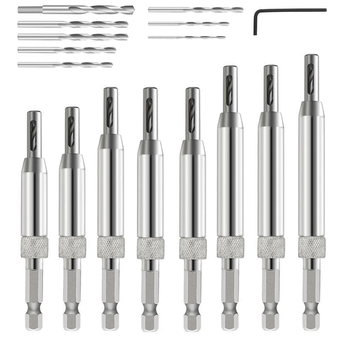 17pcs VIX Bits Self Centering Drill Bit Set, 1/4" Hex Shank Hinge Tapper Core Drill Bit Set for Woodworking