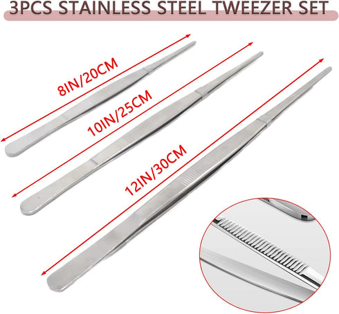 Joyangy 3pcs 8 10 12 Inch Stainless Steel Tweezers Tongs Kit, Extra Long Straight Tweezer, Serrated Tip Multi-Purpose
