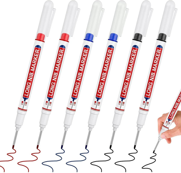 Foyods 6PCS Long Head Deep Hole Marker Pens, 3-Color Long Nib Marker Waterproof