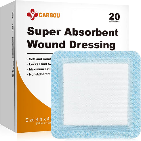 Carbou 4"x 4" Super Absorbent Wound Dressing Pads, 20 Individual Pack, Non