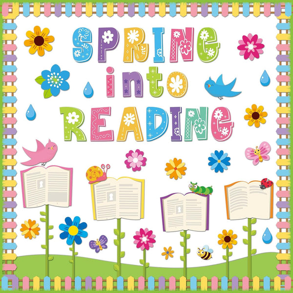 gisgfim Spring Reading Bulletin Board Decorations Set, Spring Into Reading Butterflies Flowers Cutouts