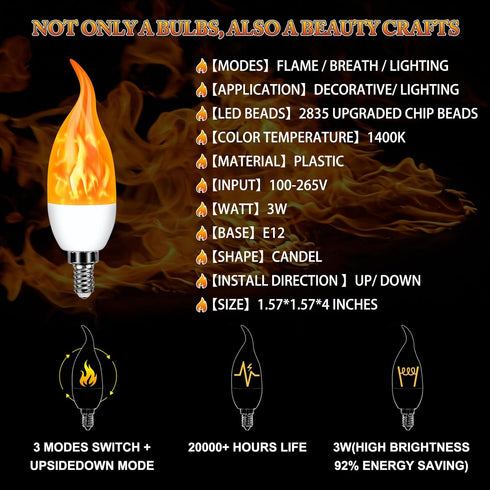 Kakolvan E12 Bulbs 3 Bulbs (2 Pack) LED Flickering Candelabra Flame Effect Light - Modes Flicker Chandelier Candle Fire