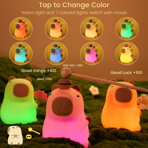 7-Color 3-Level Dimmable WarmLight, 30Min 100% Capybara Night Light, Nursery Lamp, RGB & Tap Control, Timer, Safe &Soft