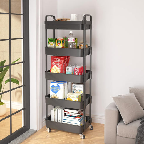 Calmootey 5-Tier Rolling Utility Cart with Drawer, Multifunctional Storage Organizer for Kitchen, Bathroom, Office,