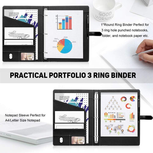 Toplive A4/Letter Size Padfolio, 3 Ring Binder Organizer Business Portfolio Folder for Women, Black