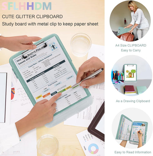 Glitter Clipboard with Storage, A4 Binder Clip Boards 8.5x11 with Low Profile Clip, Side Opening for Office Supplies