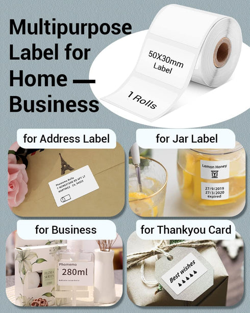 Phomemo Label Printer Thermal Sticker for M110/M100/M108/M220/M250/M221, 1.97"x1.18" (50x30mm), 230 Labels/Roll, Black