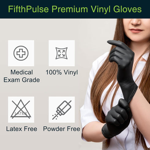 FifthPulse Black Vinyl Disposable Gloves - Powder and Latex Free Medical Exam Gloves