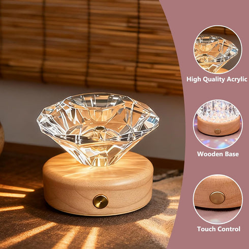 YumeGlint Diamond Shape Small Table Lamp with RGB Seven-Color Changing Night Light, Rechargeable & Solid Wood Base