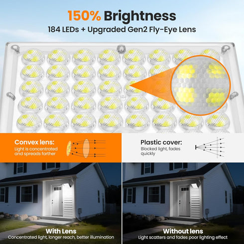 150% 184 3 16.4 Solar Lights Outdoor Waterproof Motion Sensor Security Lights, Upgraded Convex Lens Bright, LED, Modes