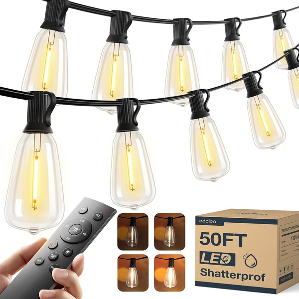 addlon 50FT LED Outdoor String Lights with Remote Waterproof Patio Lights with