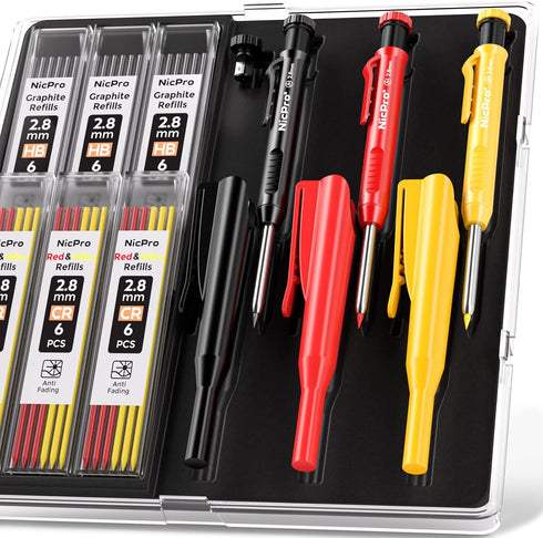 Nicpro 3 Pack Carpenter Pencil with Sharpener & Cap, Mechanical Pencils with 39 Refills, Heavy Duty Woodworking