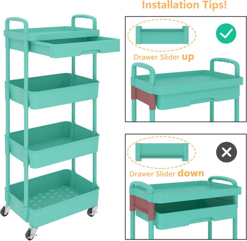 Calmootey 4-Tier Rolling Utility Cart with Drawer, Multifunctional Storage Organizer with Plastic Shelf & Metal Wheel,