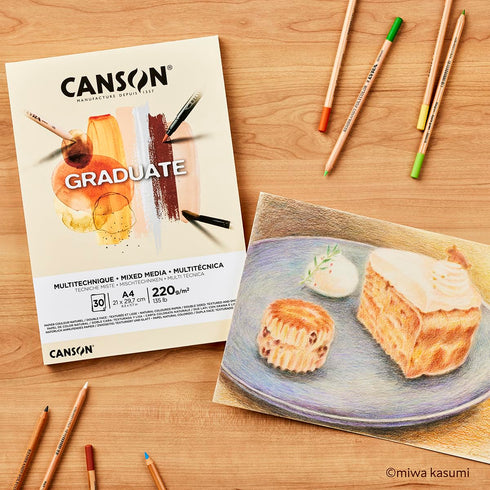 CANSON Graduate Mixed Media 200gsm A4 Paper - Double Sided Grained and Smooth, 30 Natural Sheets for Student Artists