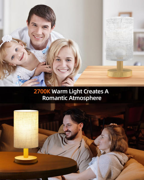 pickrelax Small Touch Table Lamp for Bedroom, Bedside Lamp for Warm Light LED Desk Lamp, Wood Base Round Flaxen Fabric
