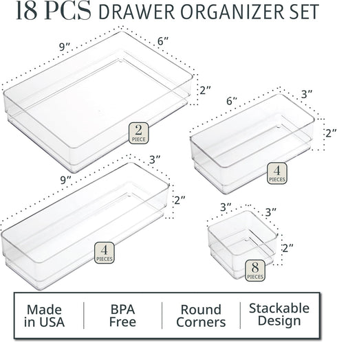 STORi SimpleSort 18-Piece Stackable Clear Drawer Organizer Set, Multi-size Trays for Makeup Vanity and Office Desk