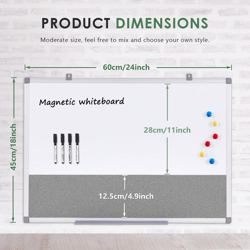 Magnetic White Board and Bulletin Cork Board Combination, 24 x 18 Inch Dry Erase Board Bulletin Combo Board for Home,
