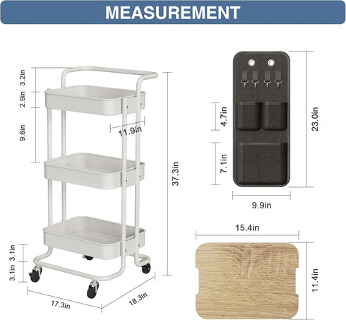 DTK 3 Tier Metal Utility Rolling Cart with Table Top and Side Bags, Storage Organizer with Wheels (White)
