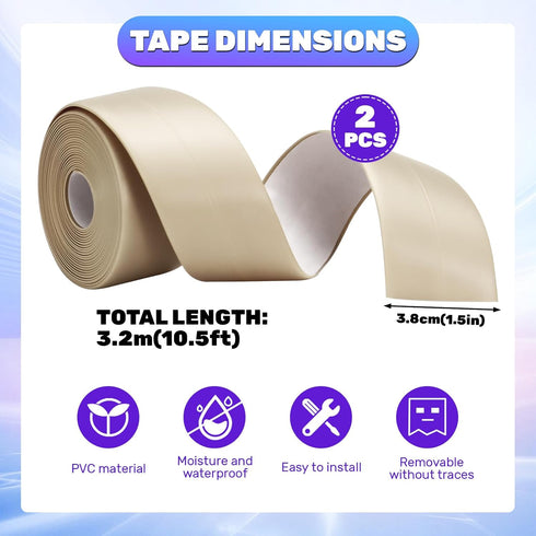 2 Rolls Waterproof Self Adhesive Caulk Tape, 1.5" x 10.5Ft, Beige Sealing Strip for Bathroom, Kitchen, Shower, Bathtub