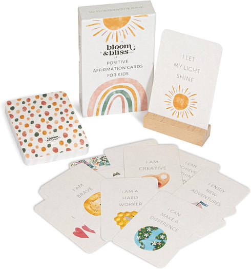 BLOOM AND BLISS CO. 50 Positive Affirmation Cards for Kids and Grandkids - Inspirational Cards with Display Stand