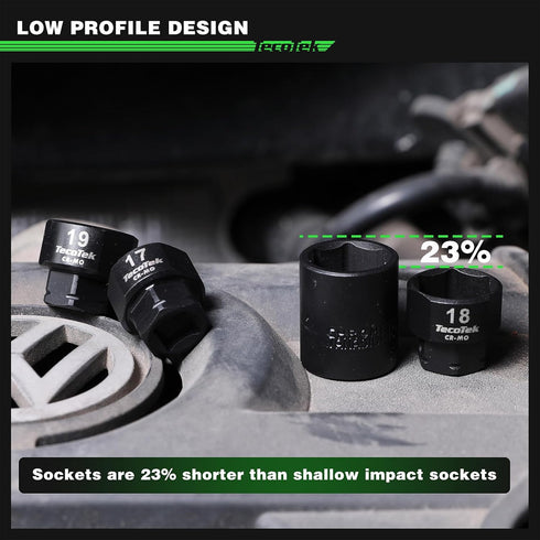 15-Piece 1/2-Inch Set, Set, 10mm-24mm, 6 TecoTek Drive Metric Low Profile Impact Socket Stubby Socket No Skips Sizes