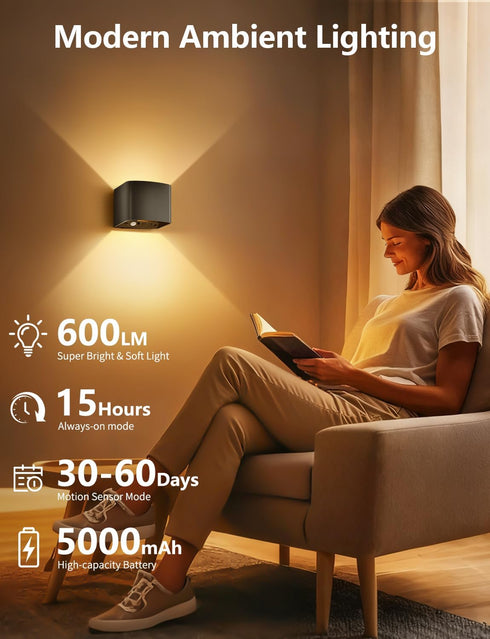 GeyouLux 5000mAh Dimmable 2700-6500K, 2-Pack Motion Sensor Wall Light with Remote Control, Rechargeable Battery Powered