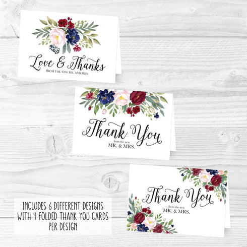 Hadley Designs Navy Floral Burgundy Wedding Thank You Cards with Envelopes | 24-Pack, 4x6 inches | Appreciation Notes