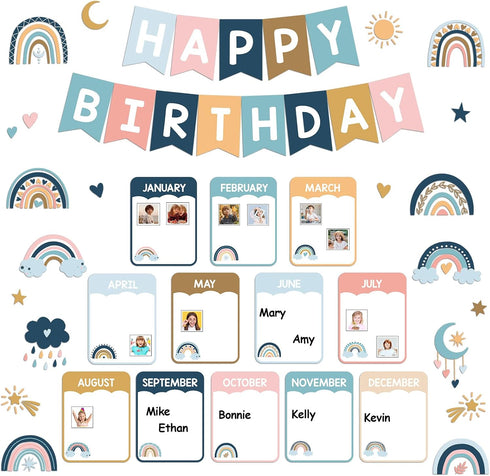 Happy Birthday Bulletin Board Decoration, Rainbow Classroom Birthday Cutouts Chart Poster for Wall Decor