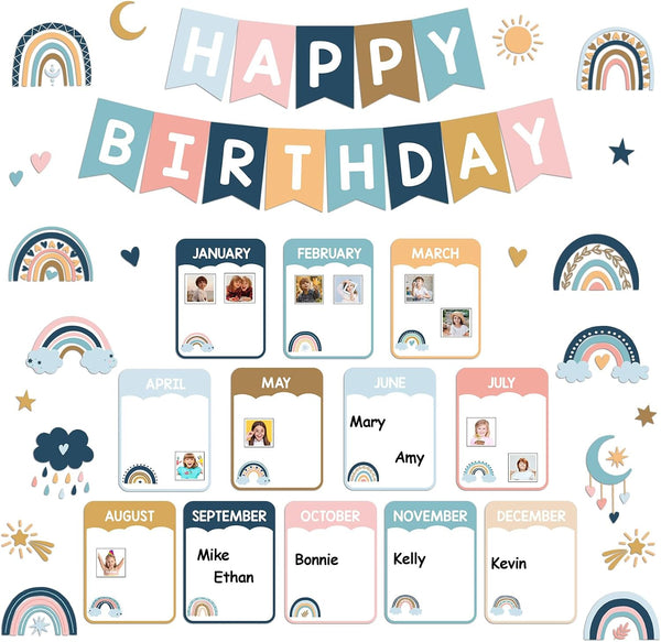 Happy Birthday Bulletin Board Decoration, Rainbow Classroom Birthday Cutouts Chart Poster for Wall Decor