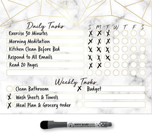 Dry Erase Whiteboard Task Planner, Removable Adhesive Decal, Fine-Tip Magnetic Marker Included (9 x 12 in, Marble)