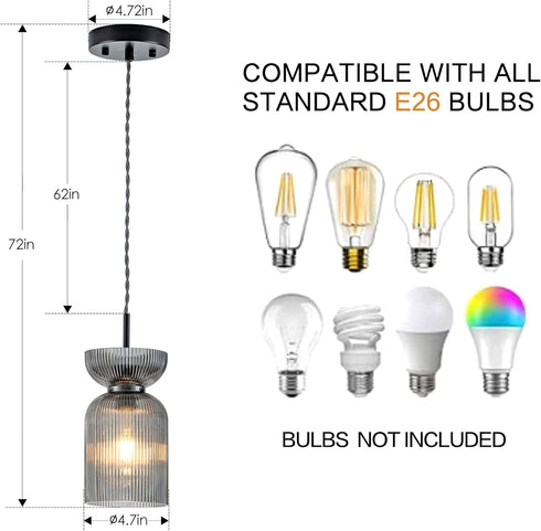 Gmrhndy E26 Glass Pendant Light, Ribbed Smoke Gray Glass Hanging Light with Adjustable Cord, Modern Pendant Light